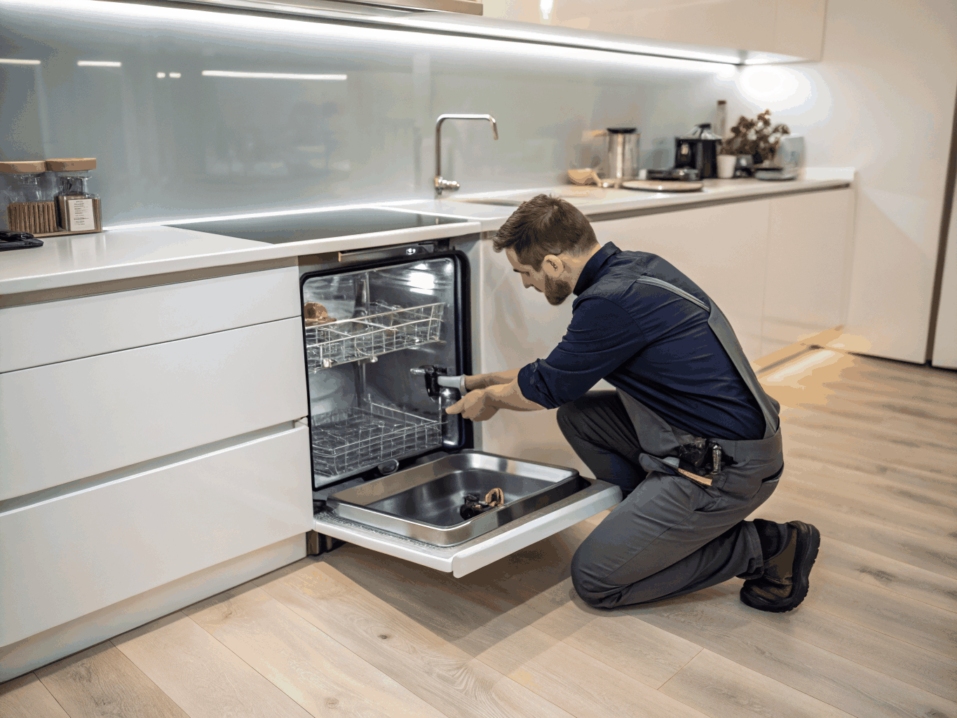 Technician performing precision diagnostics on a Bosch stainless steel appliance