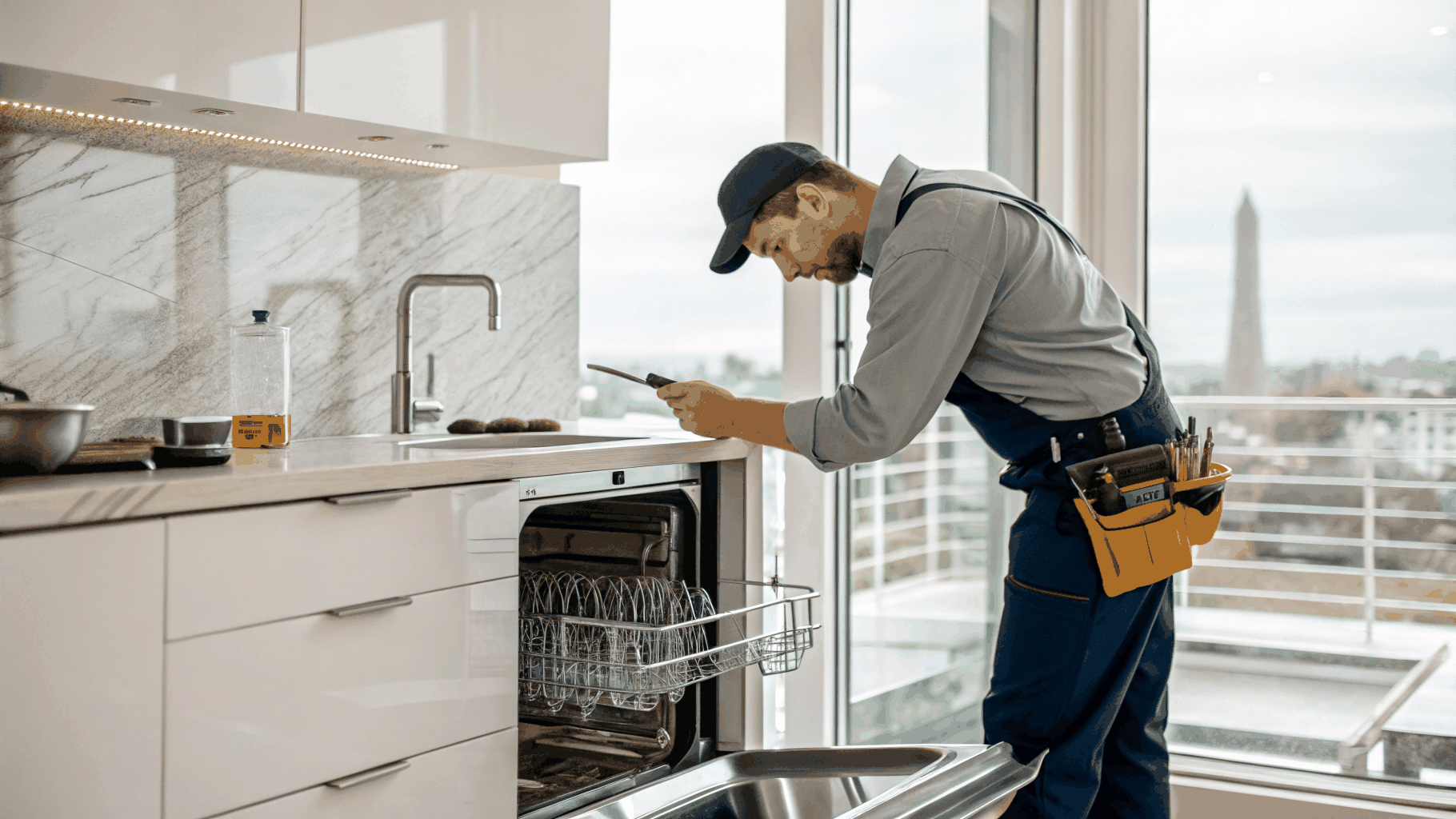 Professional technician inspecting a modern kitchen refrigerator in Brookhaven