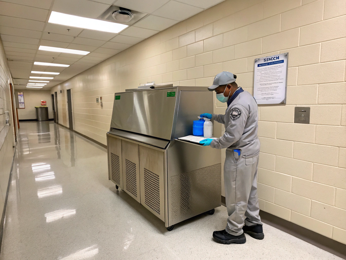 Licensed commercial refrigeration technician inspecting ice machine condenser and evaporator lines