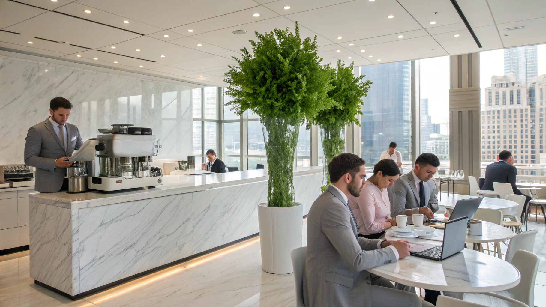 Modern corporate office kitchen with stainless steel appliances