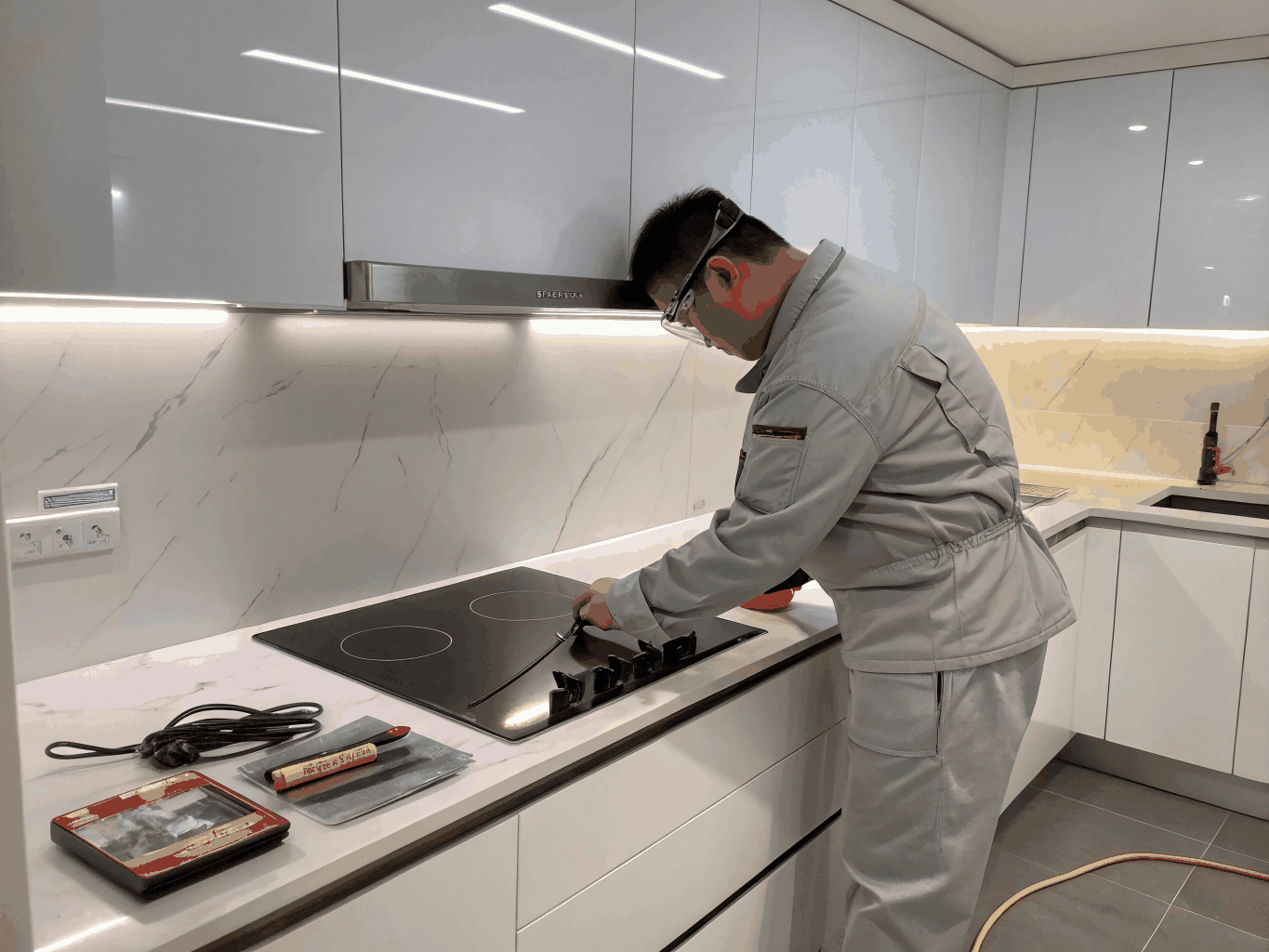 Technician repairing induction cooktop surface