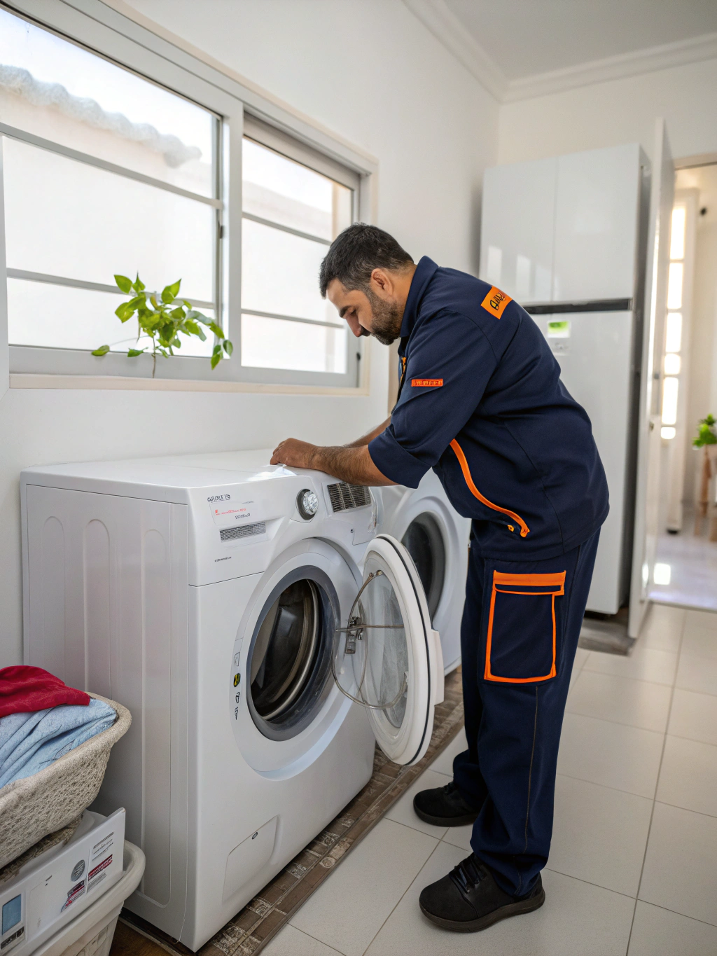 Appliance repair technician inspecting a modern clothes dryer