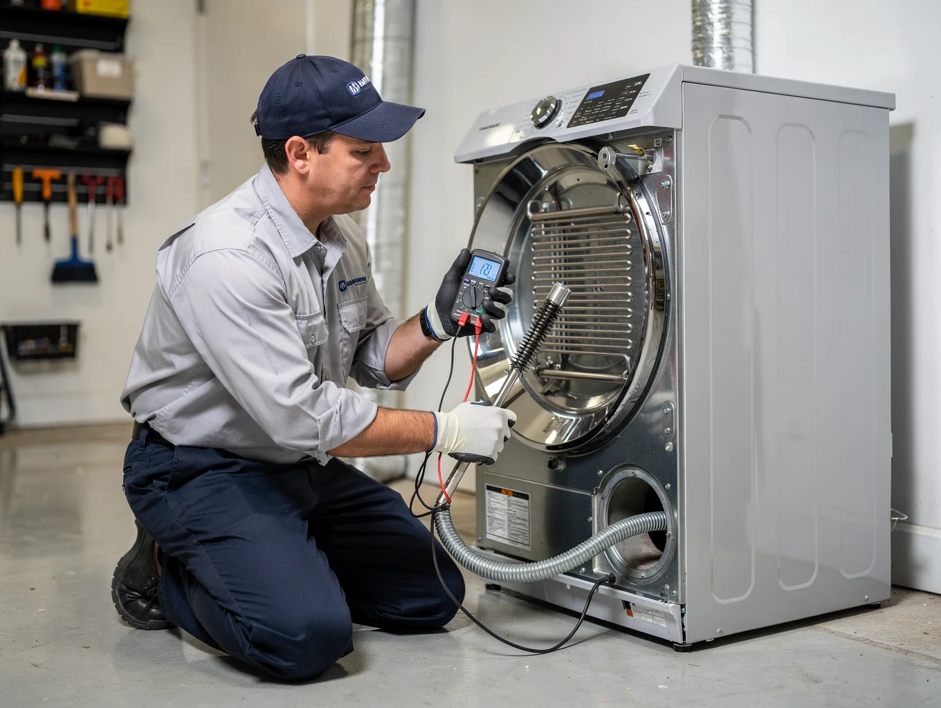 Certified dryer repair technician testing electrical components in Dunwoody