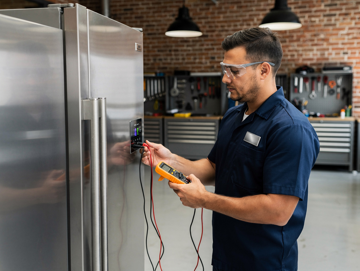 Appliance technician checking freezer cooling coils with diagnostic gauge