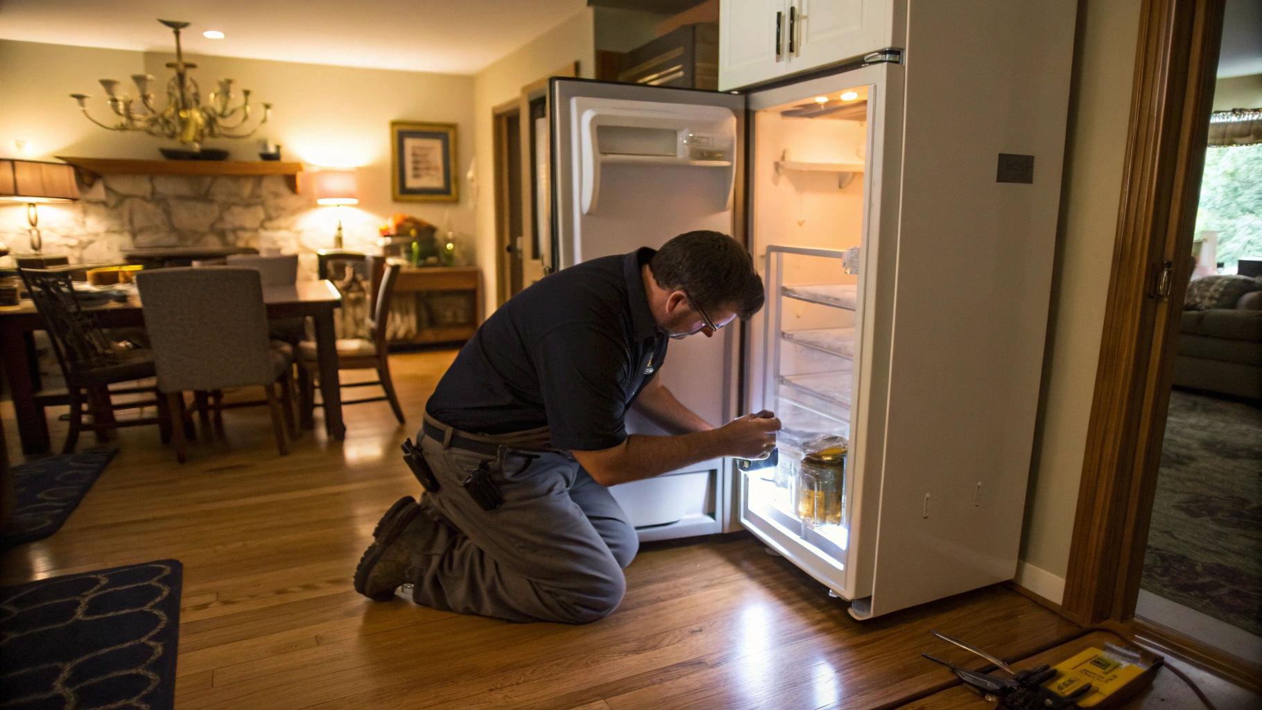Technician repairing a Frigidaire stainless steel refrigerator