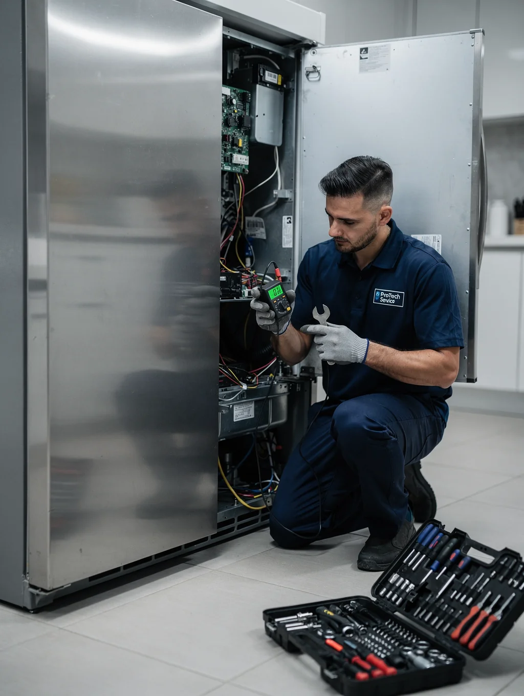 Certified technician inspecting and repairing a refrigerator ice maker