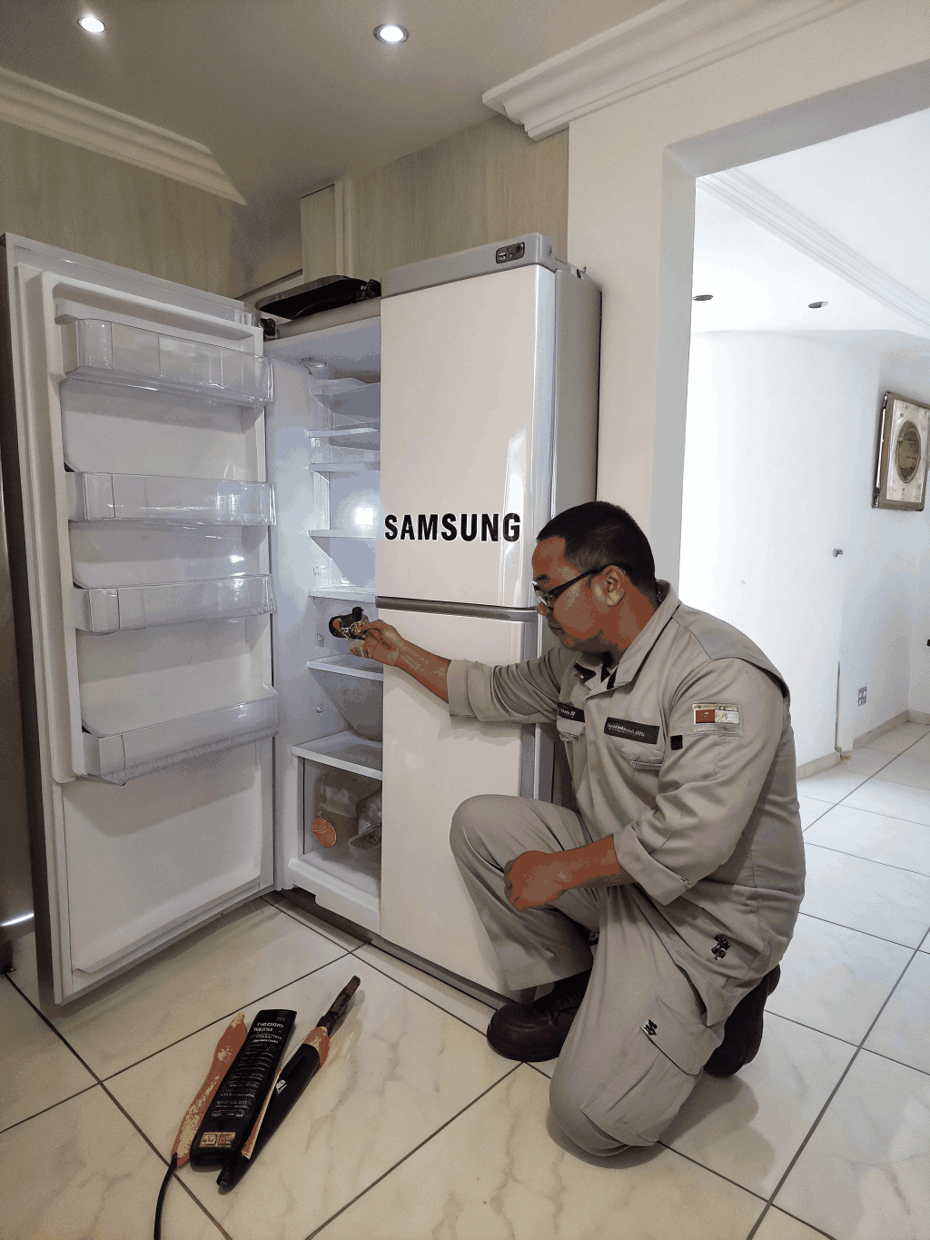 Certified technician performing precision diagnostic on an LG smart refrigerator