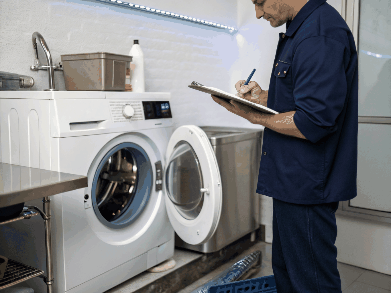 Certified technician inspecting a Maytag appliance with professional diagnostic equipment