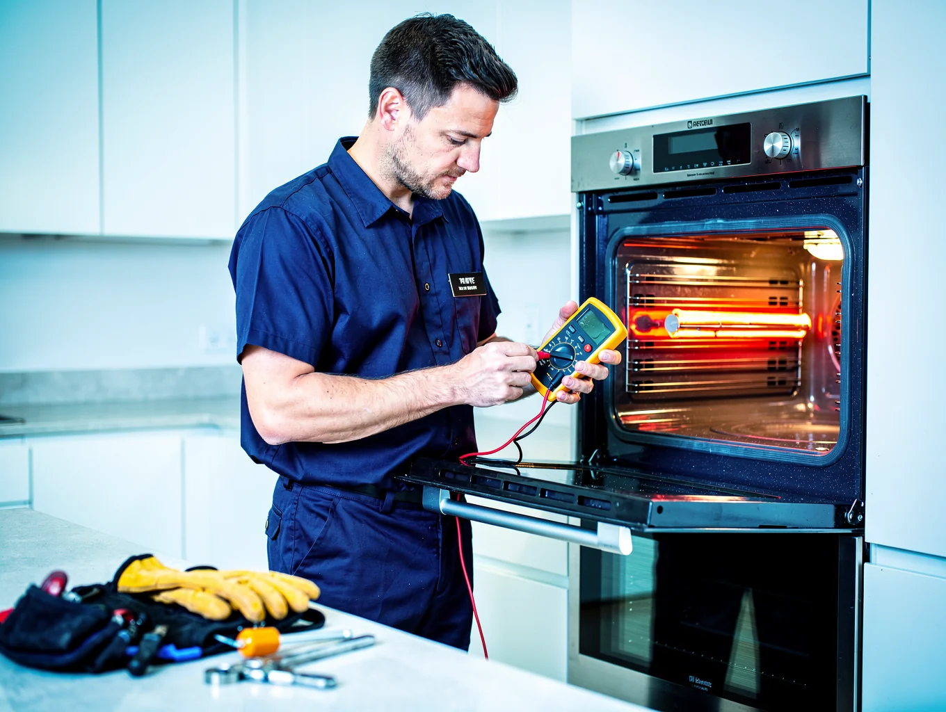Certified technician diagnosing stove and cooktop heating elements with testing tools
