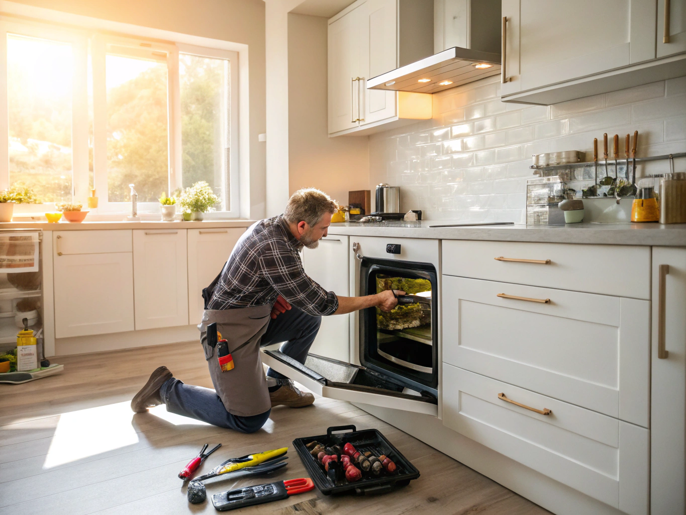 Technician repairing modern gas stove range burner in Dunwoody home kitchen