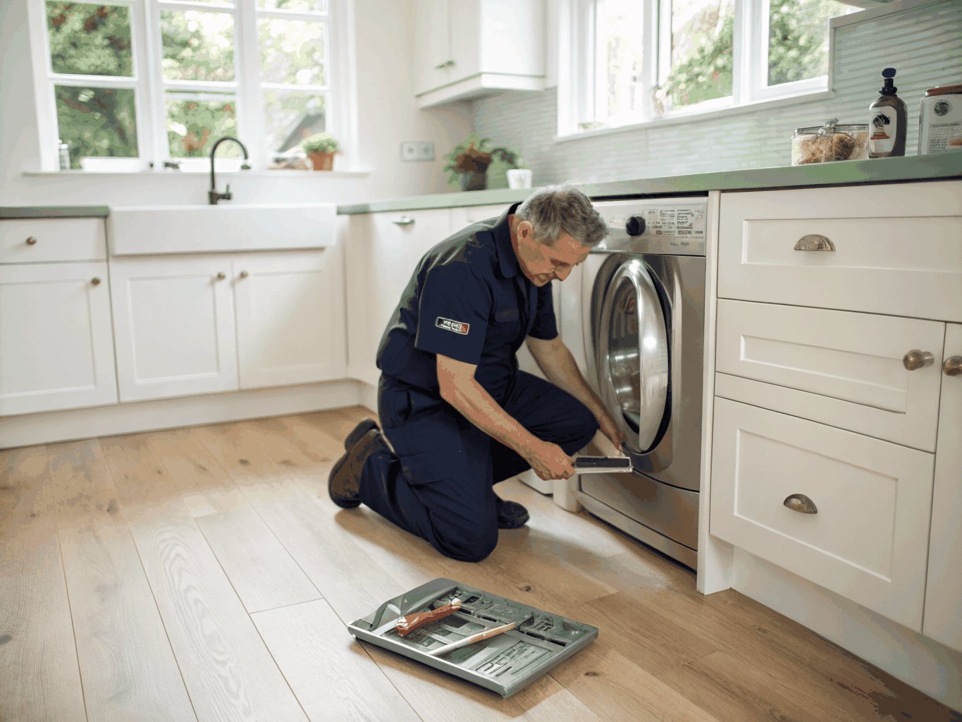 Certified technician performing professional diagnostics on a kitchen appliance