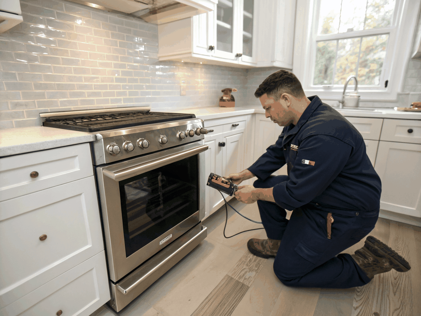 Certified technician repairing an oven heating element