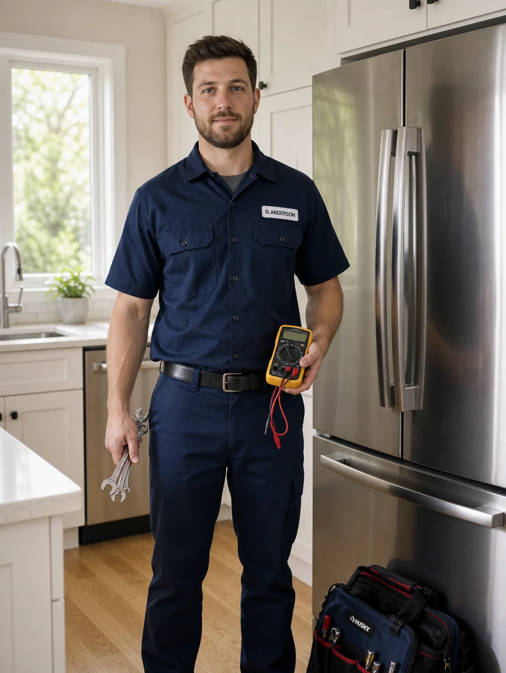 Certified appliance technician servicing a high-end refrigerator in Dunwoody