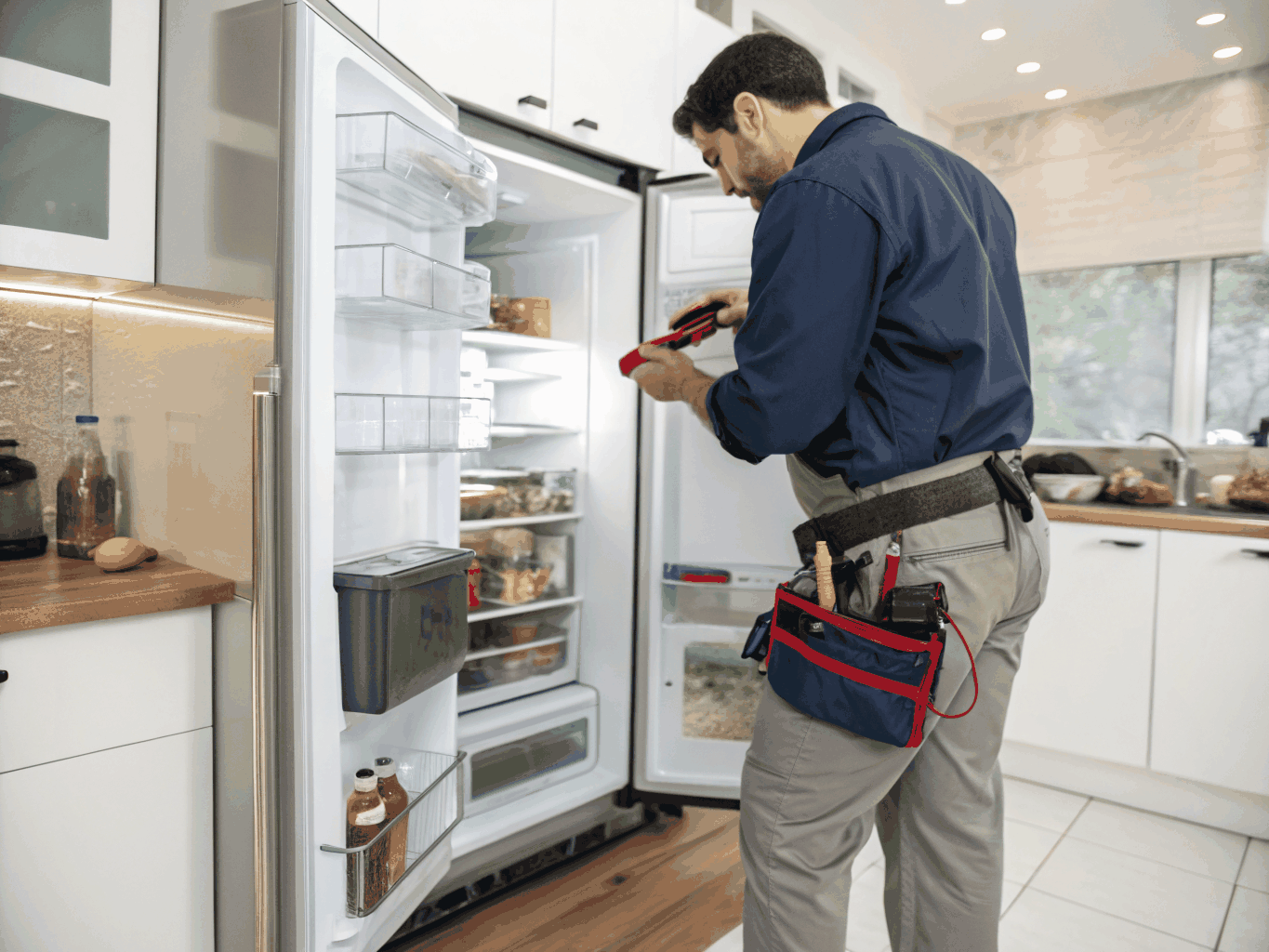 Certified appliance technician servicing a stainless steel refrigerator