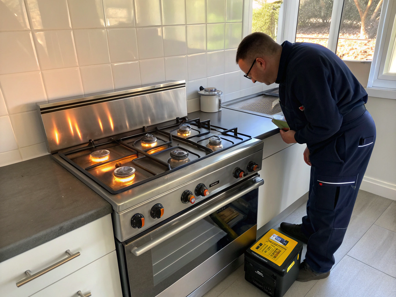 Certified appliance technician servicing a high-end kitchen gas range stove