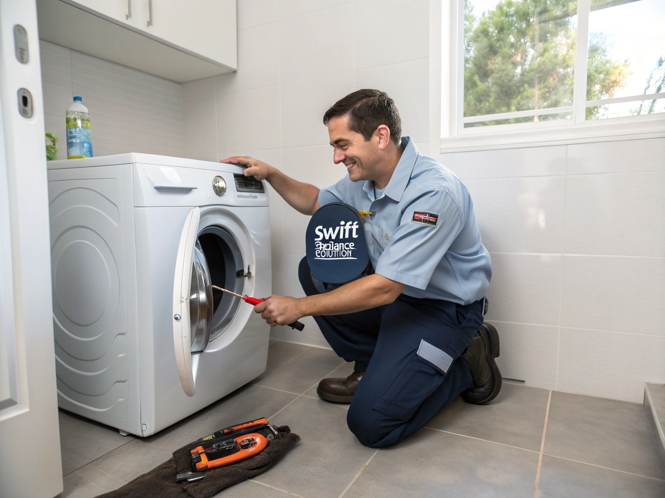 Certified technician diagnosing washing machine drum and motor assembly